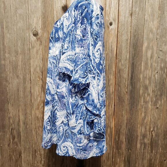 NY Collection 1X Top Blouse Blue White Paisley Flutter Short Sleeve Open Back - Picture 3 of 6